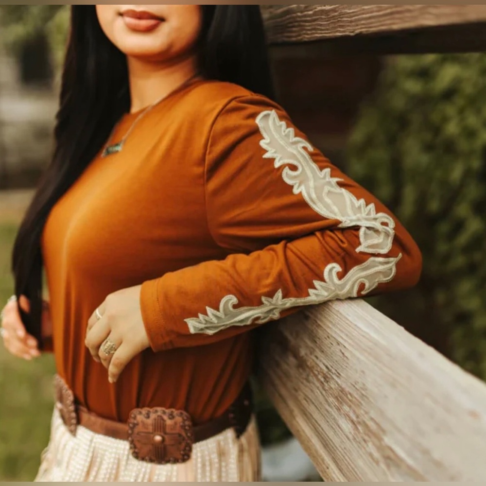2 Fly Long Sleeve Embroidered Mesh Sleeve Top - Rust Western Boho Casual 3X